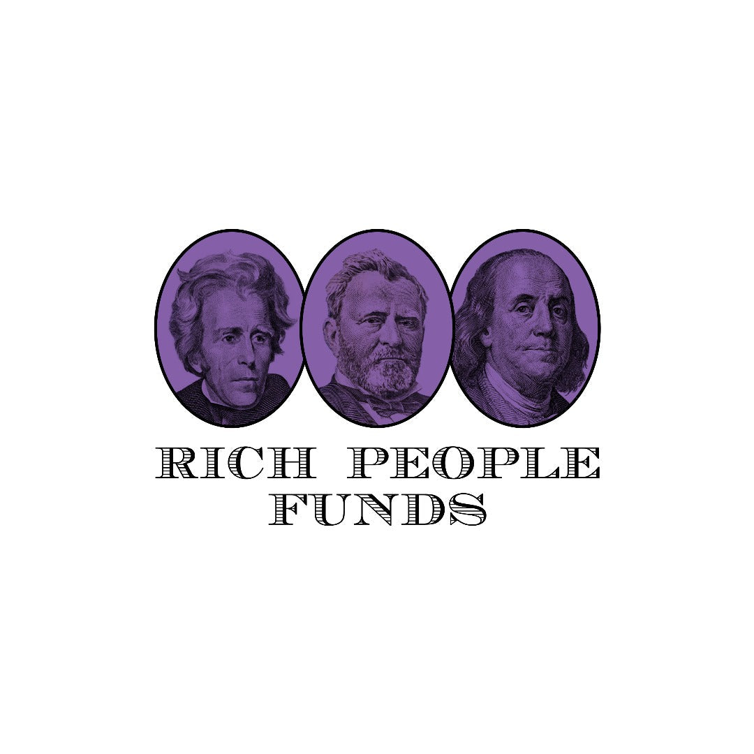 Logo for Rich People Funds featuring historical figures in a purple theme, highlighting wealth investment strategies.