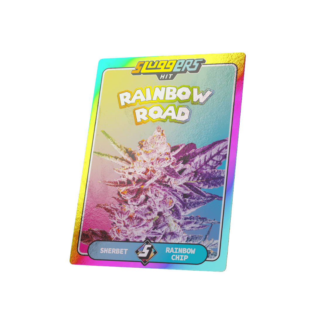 Sluggers Hit Rainbow Road pre-roll pack showcasing vibrant cannabis strain with Sherbet and Rainbow Chip flavor.