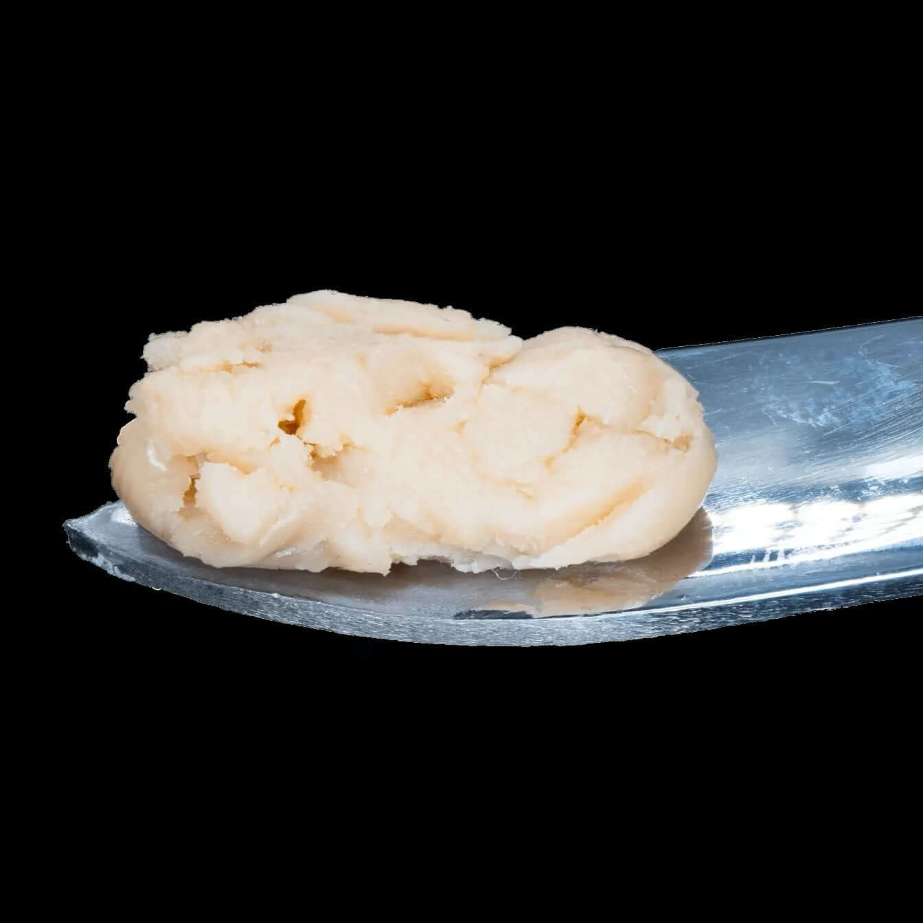 Close-up of Bay Smokes GMO THCa Live Hash Rosin on a stainless steel tool, showcasing its creamy texture.