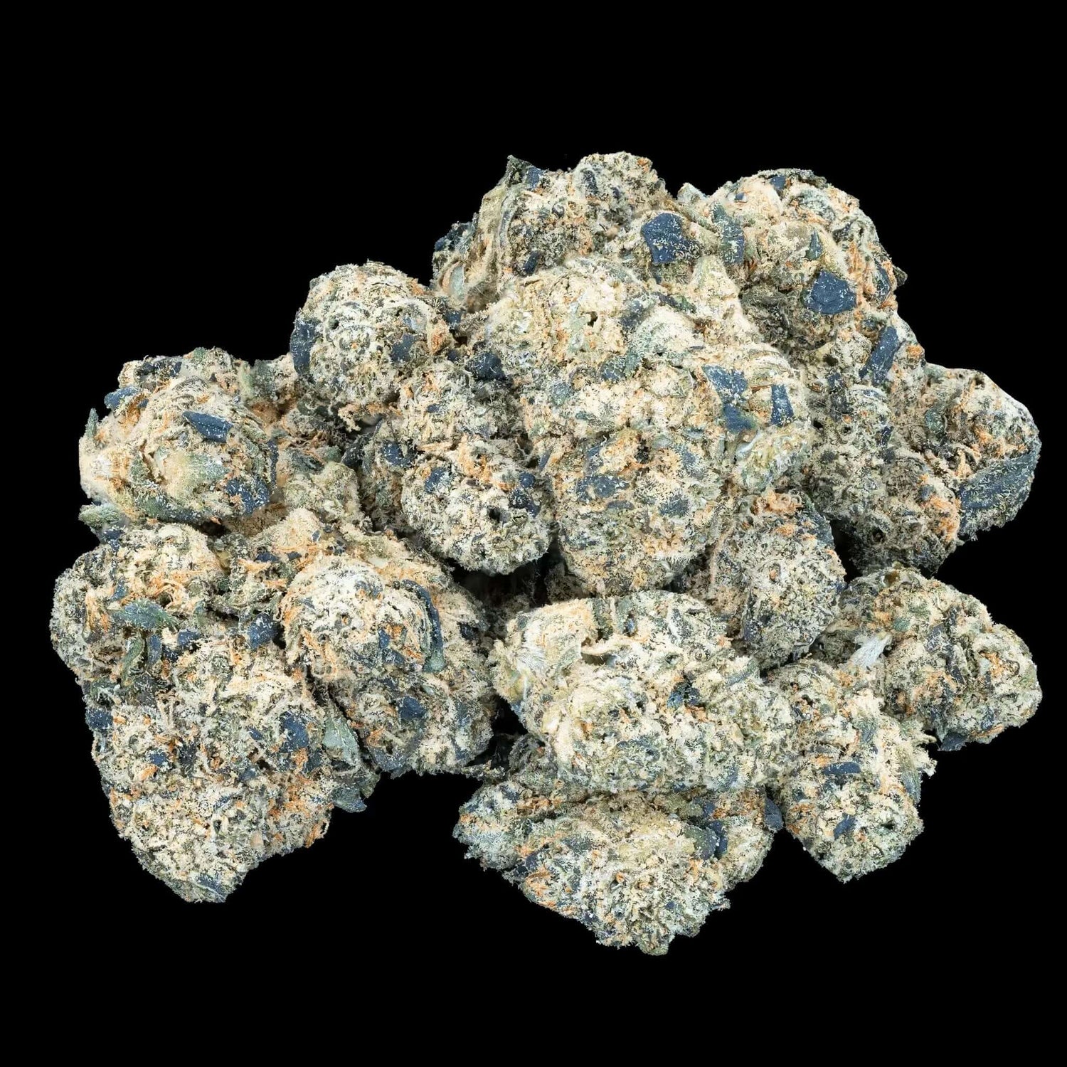 Close-up of Banana Skittles smalls cannabis buds, showcasing dense green and blue hues with frosty trichomes.