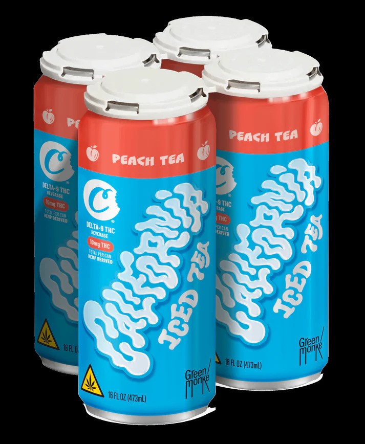 Pack of California Peach Iced Tea cans infused with 10mg Delta-9 THC for a refreshing cannabis beverage experience.