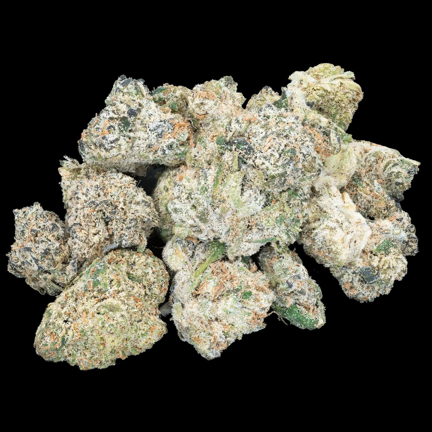 Close-up of premium cannabis buds with trichomes, showcasing rich textures and colors.