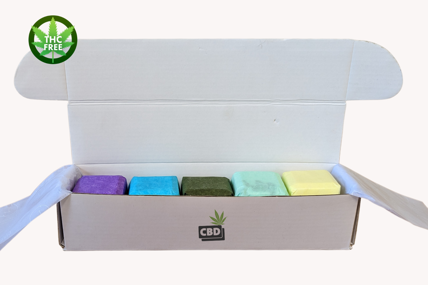 CBD Shower Steamers Gift Set with 5 colorful fizzies in a box, THC free, perfect for relaxing showers.