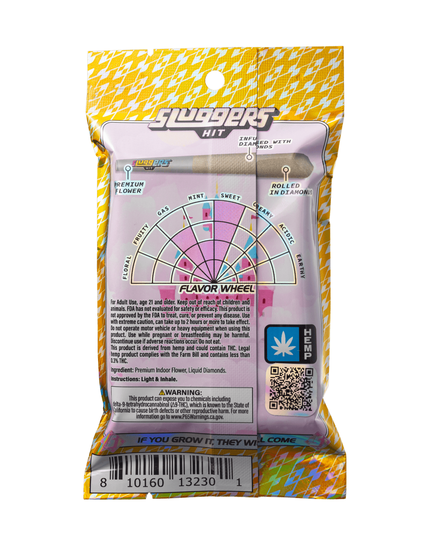 Sluggers Pwincess Peach THC-A pre-rolls packaging featuring flavor wheel and product details.