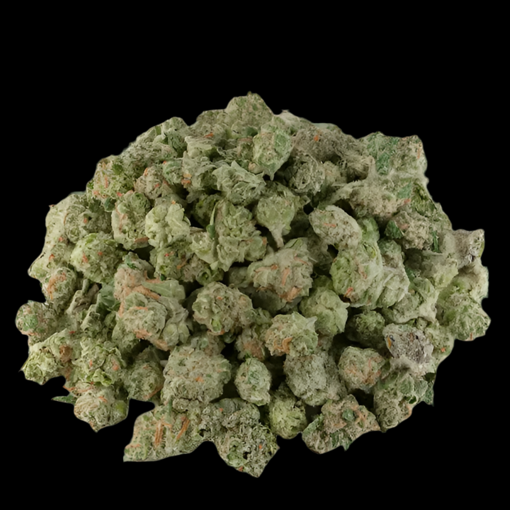Close-up Lond pound cake small buds, showcasing trichomes and texture on a black background.