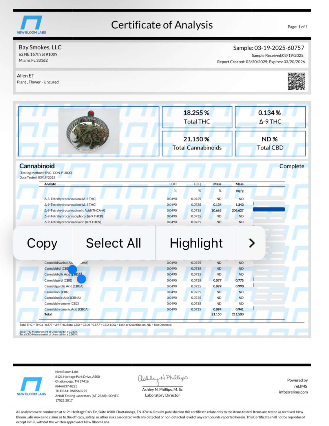 Certificate of Analysis for Alien ET by Bay Smokes, showing cannabinoid levels and lab results.