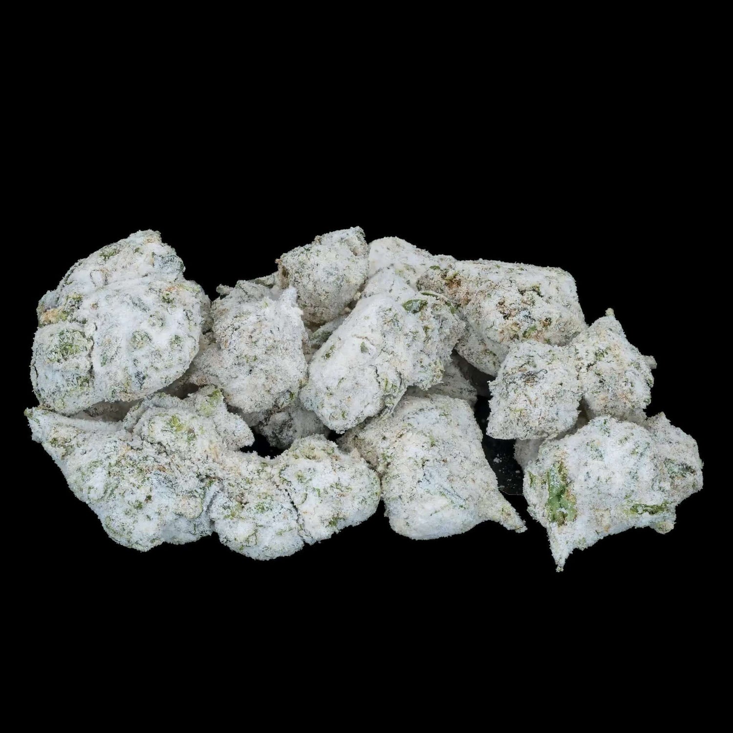 Big Swirls Snowballs: small, trichome-rich cannabis nugs, covered in isolate, offering a sweet, gassy flavor and relaxing effects.