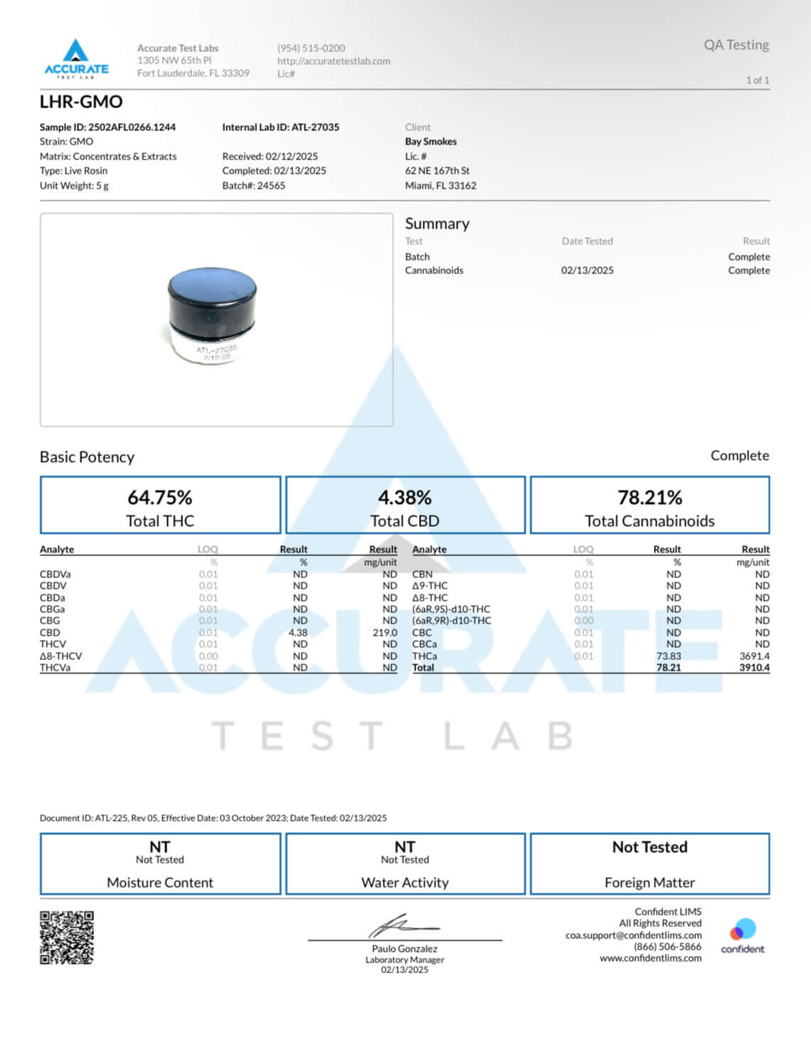 Lab testing report for Bay Smokes GMO THCa Live Hash Rosin with THC and CBD potency details.