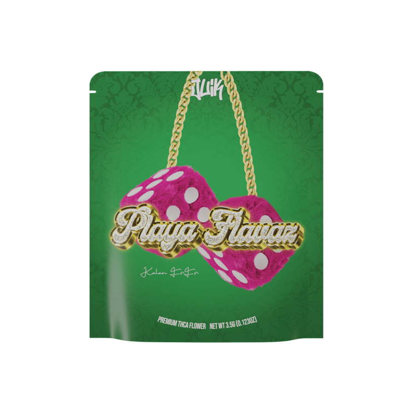 Playa Flavaz THCA premium flower packaging featuring pink fuzzy dice design.