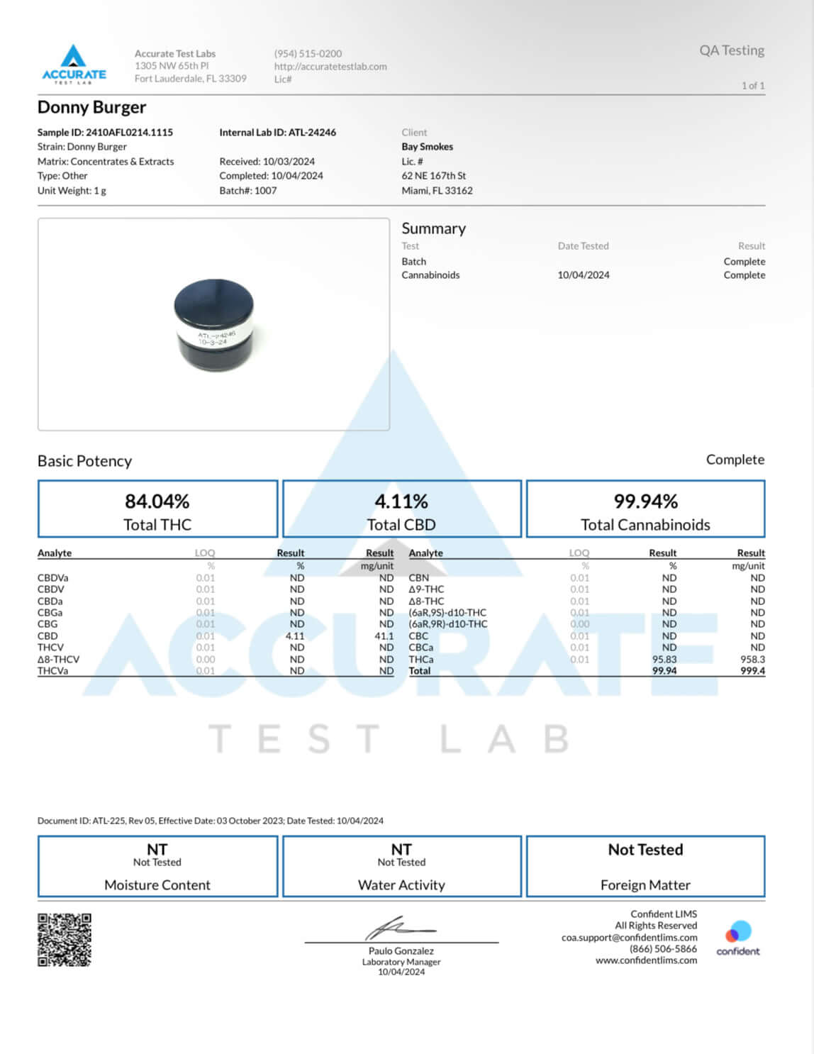 Donny Burger live resin lab test results showing THC at 84.04% and total cannabinoids at 99.94%.
