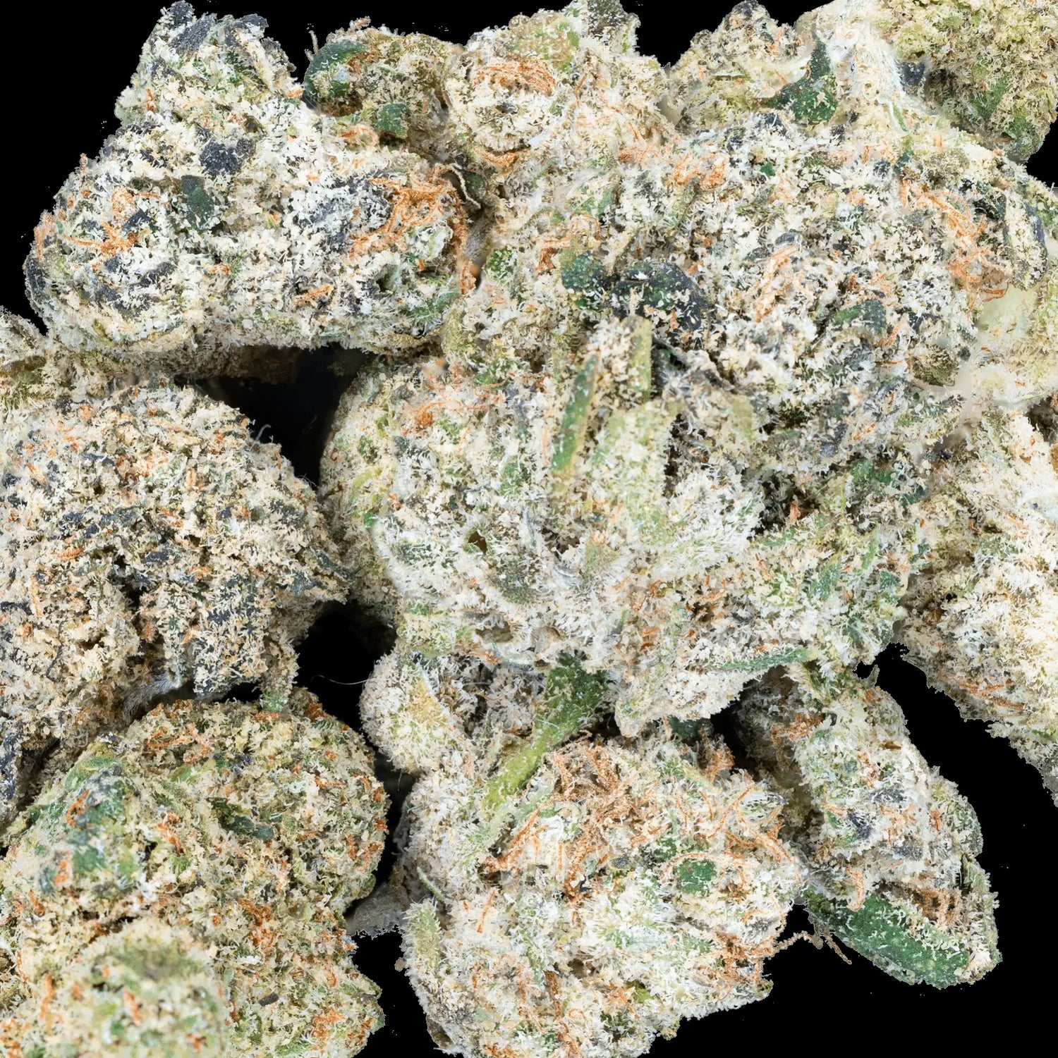 Close-up of Space Junky Smalls cannabis flower, showcasing dense buds with trichomes against a black background.