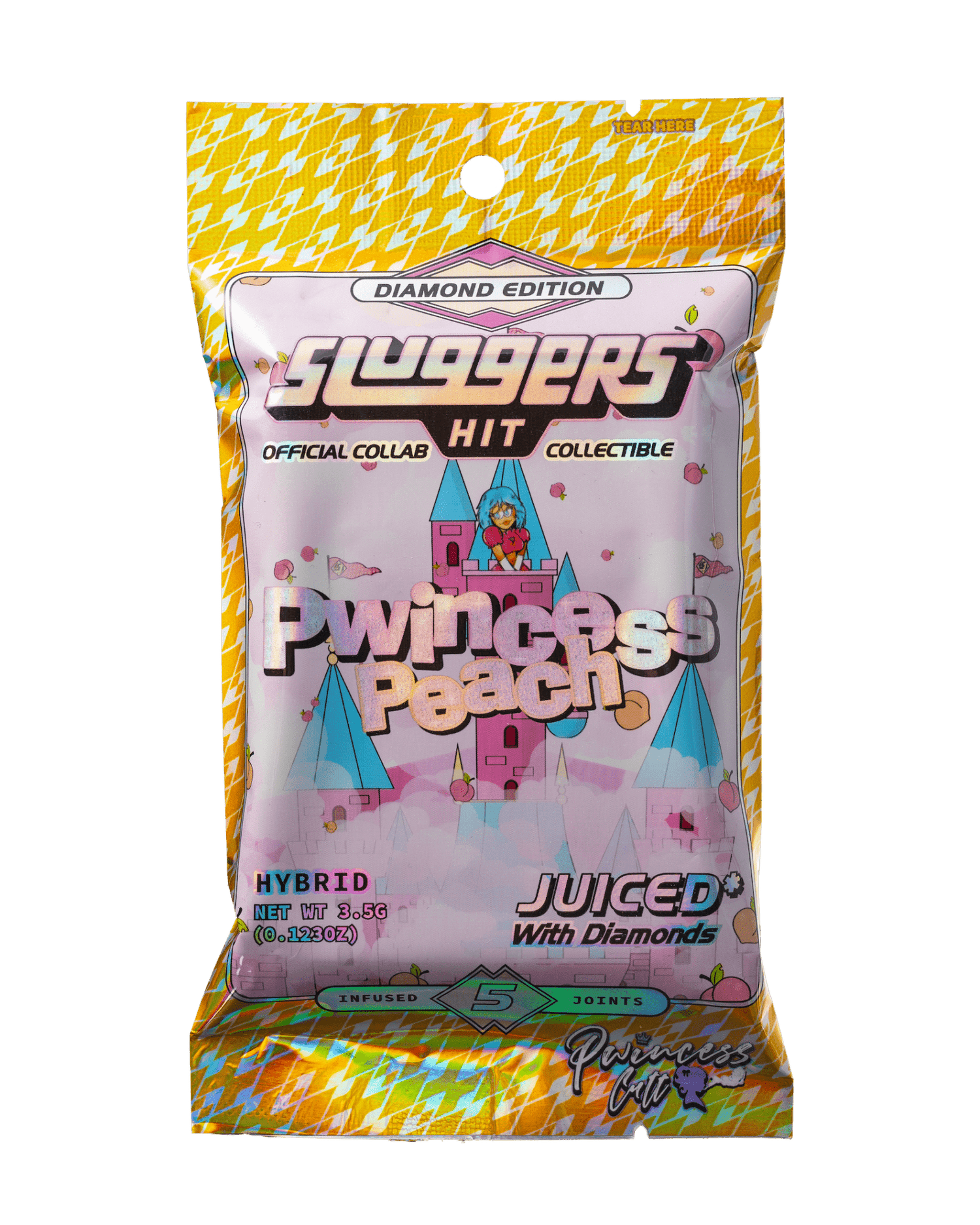 Sluggers Pwincess Peach hybrid pre-rolls packaging, featuring diamond-infused cannabis and colorful design.