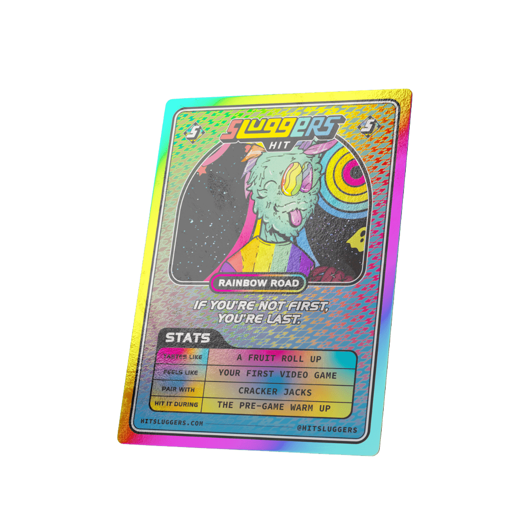 Sluggers Rainbow Road collectible card featuring vibrant graphics and game-inspired stats for enhanced smoking experience.