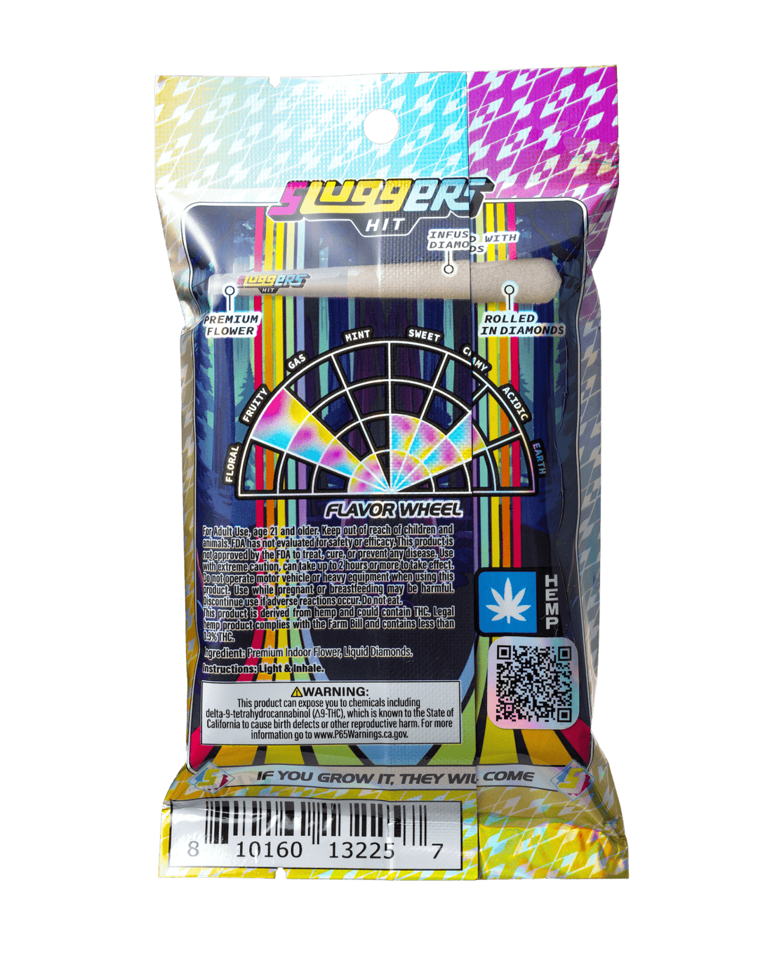 Sluggers Rainbow Road THC-A pre rolls packaging showcasing flavor wheel and premium hemp pre-rolls.