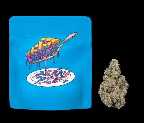 Berry Pie THCa Blended Flower strain packaging with a cannabis bud, showcasing premium quality and potency.