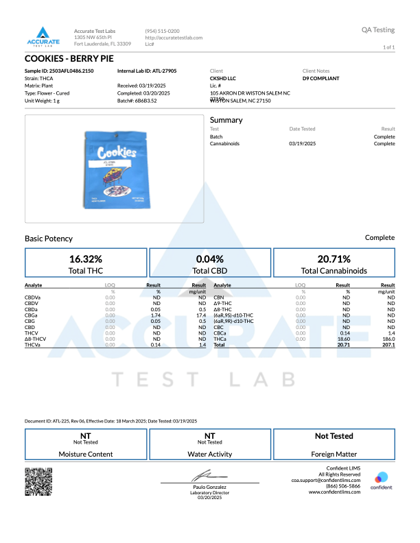 Lab report for Berry Pie cookies showing cannabinoid content and test results for THC and CBD potency.