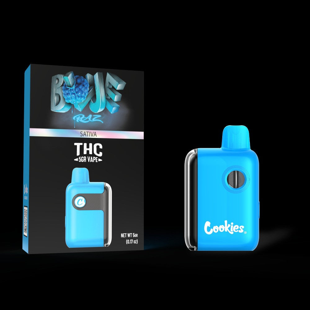 Blue Razz 5G THC vape from Cookies featuring a vibrant blue design and sativa blend, perfect for a refreshing experience.