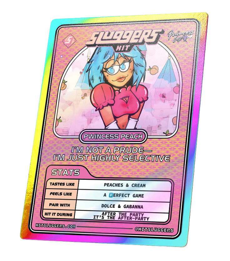 Sluggers Pwincess Peach card featuring colorful design, character stats, and flavor profile for cannabis product.