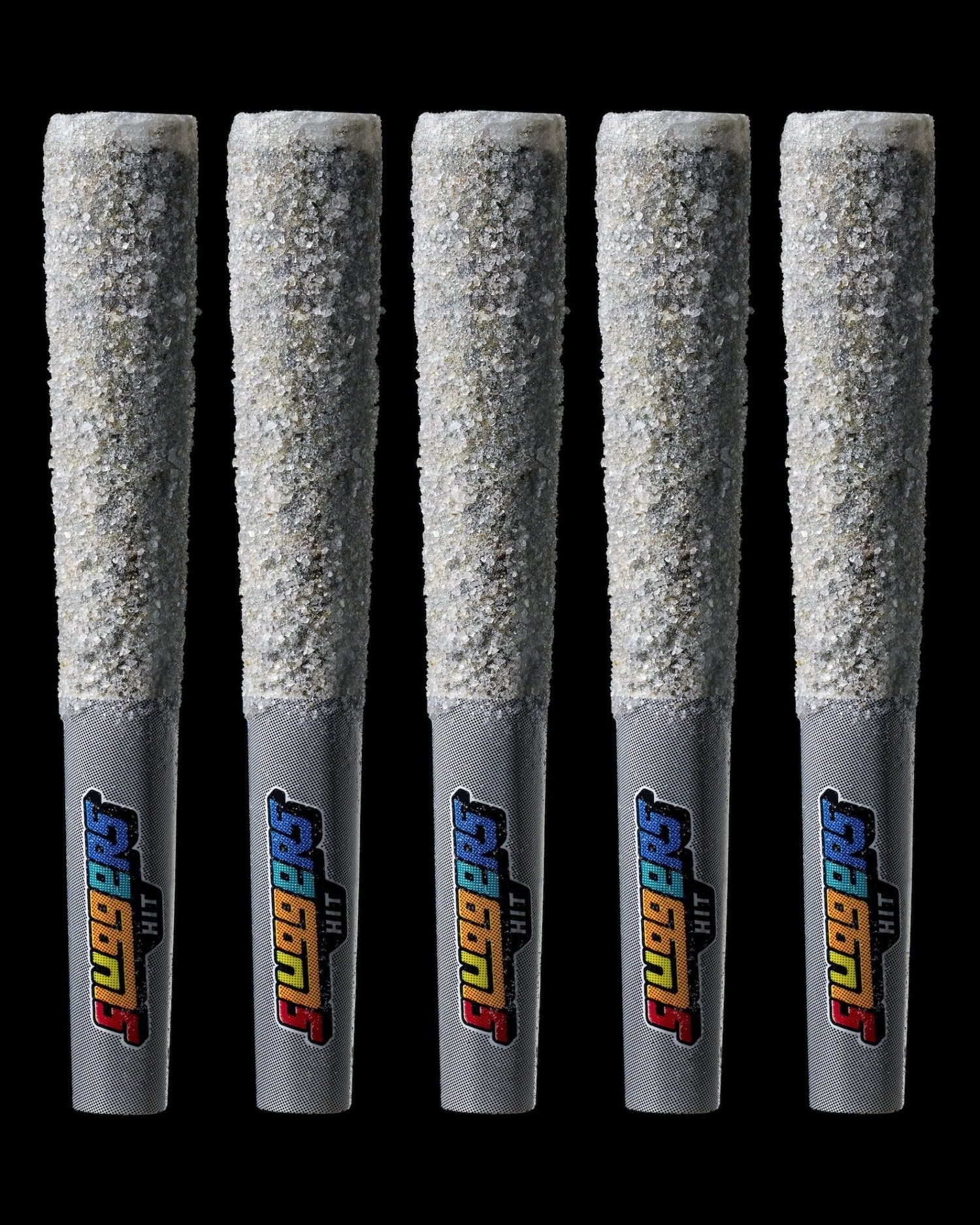 Five Sluggers Pwincess Peach pre-rolls, infused with hash and kief, displayed on a dark background.