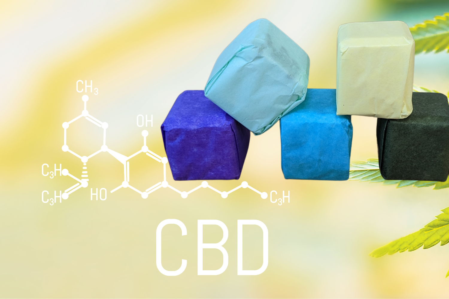 Colorful CBD shower steamers with molecular structure illustration, perfect for a relaxing bath experience.