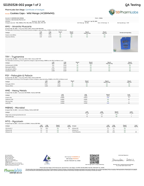 QA testing certificate for CAPS MUSHROOM Gummies detailing analysis results and safety measures.