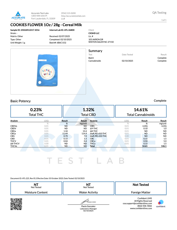 Lab report for Cereal Milk product, detailing potency of THCA, THC, CBD, and total cannabinoids.