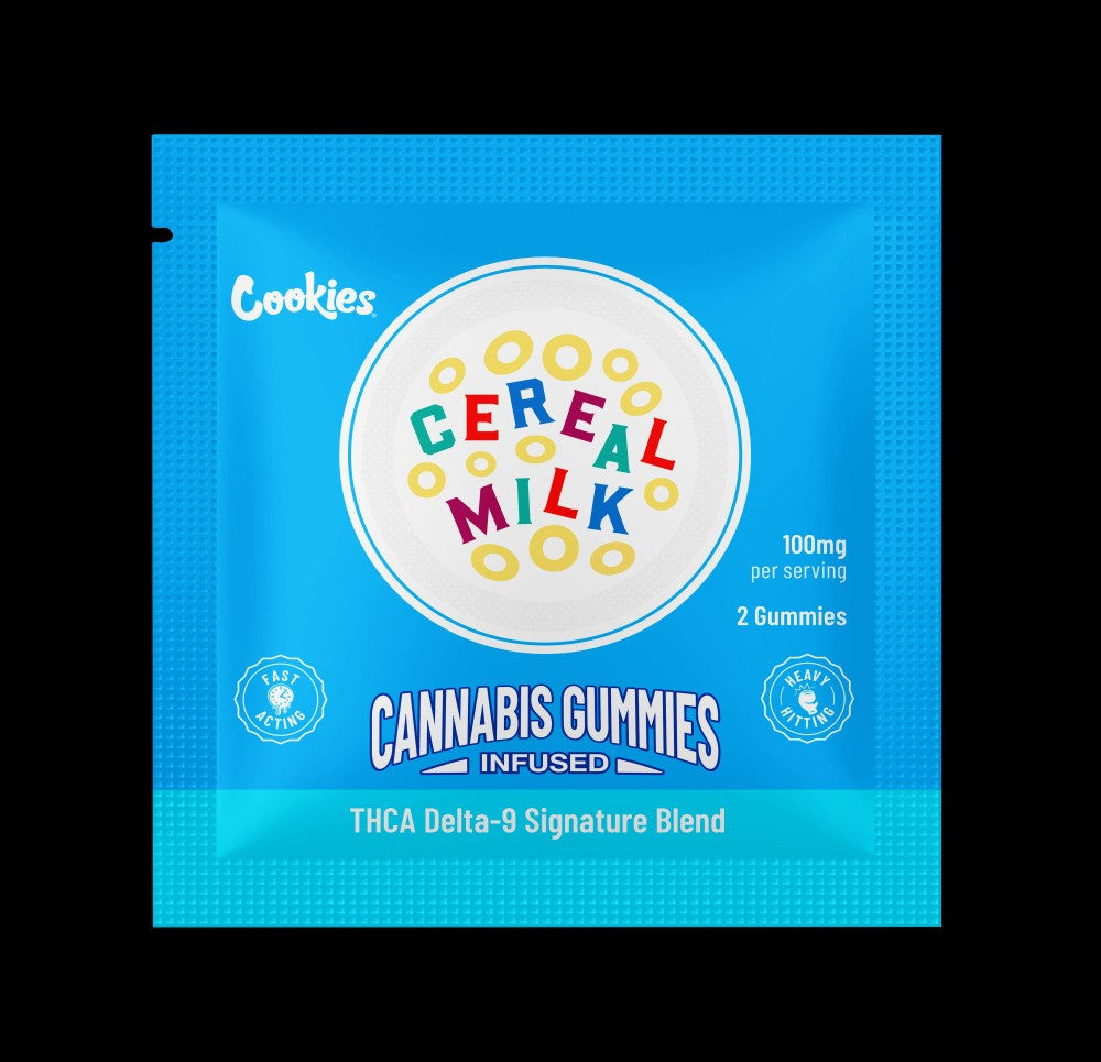 Cereal Milk Gummy packaging, infused with THCA, featuring colorful cereal rings and nutritional info.
