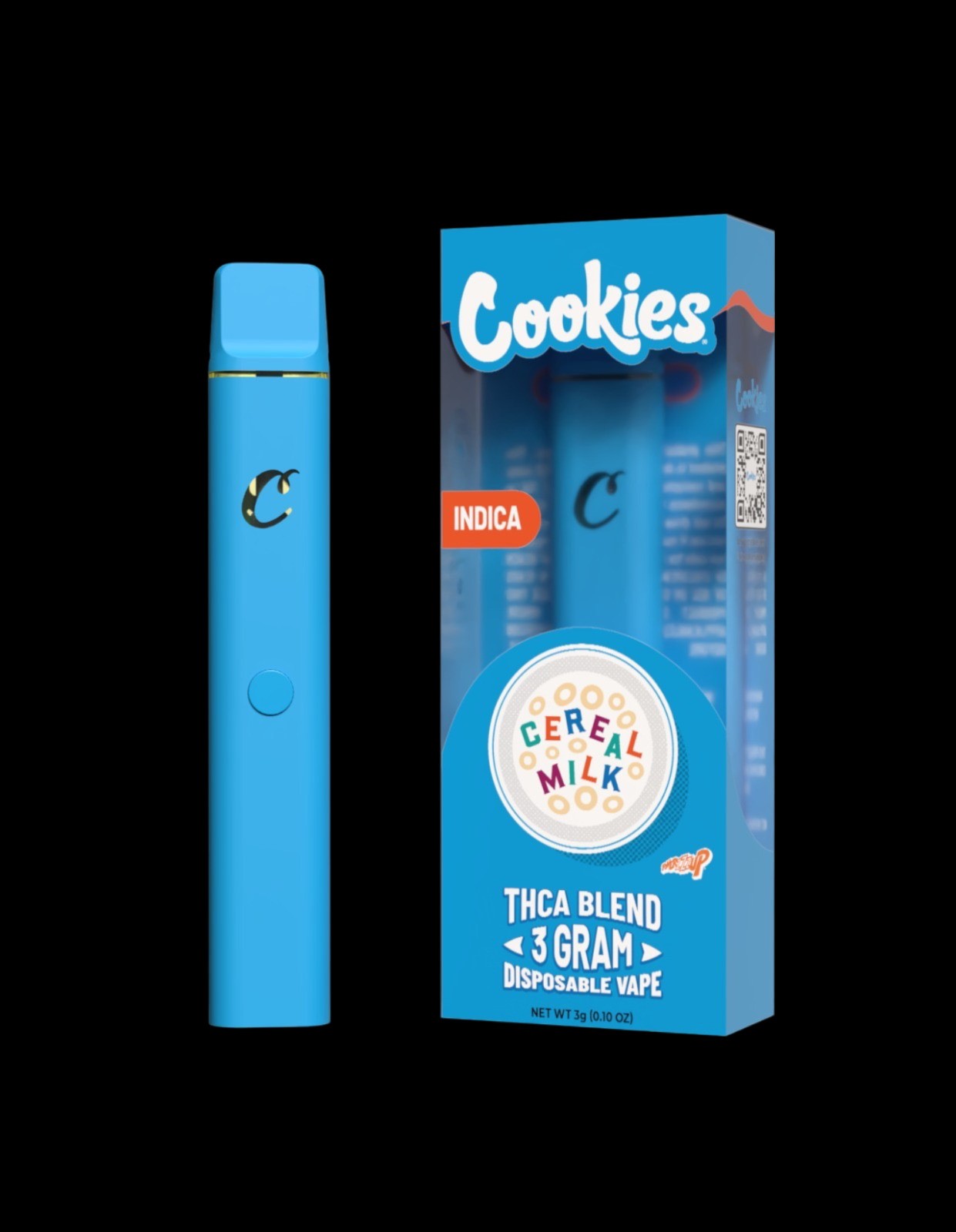 Cereal Milk 3G disposable vape by Cookies, featuring a blue design and THCA blend for an indica experience.