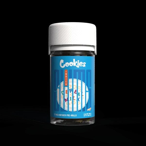 Cereal Milk Slims 5 pack pre-rolls in clear jar, infused with THCA, featuring vibrant blue and white design.