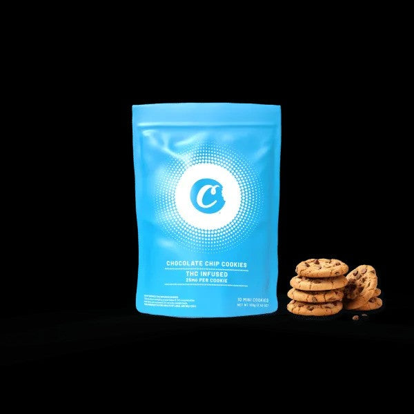 Chocolate Chip Cookie 65MG THC infused, featuring packaging and delicious cookies stacked beside it.