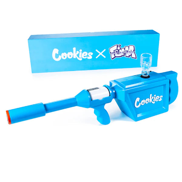 Cookies x Fuma V2 Smoke Thrower in blue with box, a unique and fun smoking device for parties.