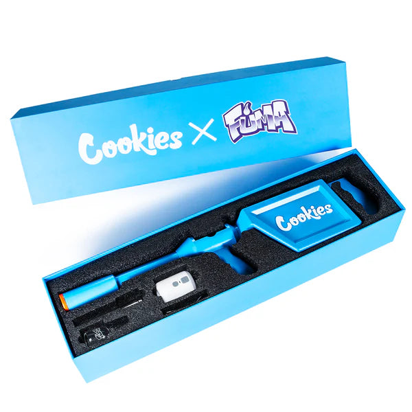 Cookies x Fuma V2 Smoke Thrower in blue packaging, showcasing a stylish smoking device for parties.