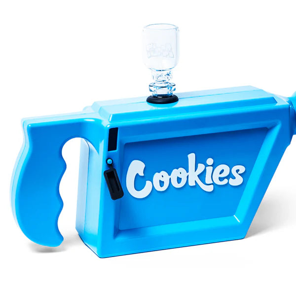 Cookies x Fuma V2 Smoke Thrower in blue with glass bowl, a stylish and fun smoking device for any party.