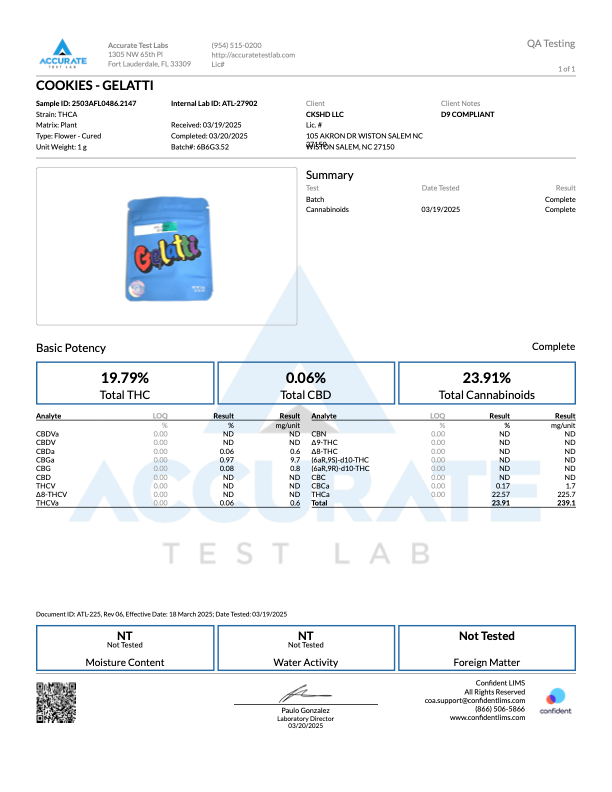 Lab report for Gelatti showing THC, CBD, and cannabinoid content with premium THCa flower details.