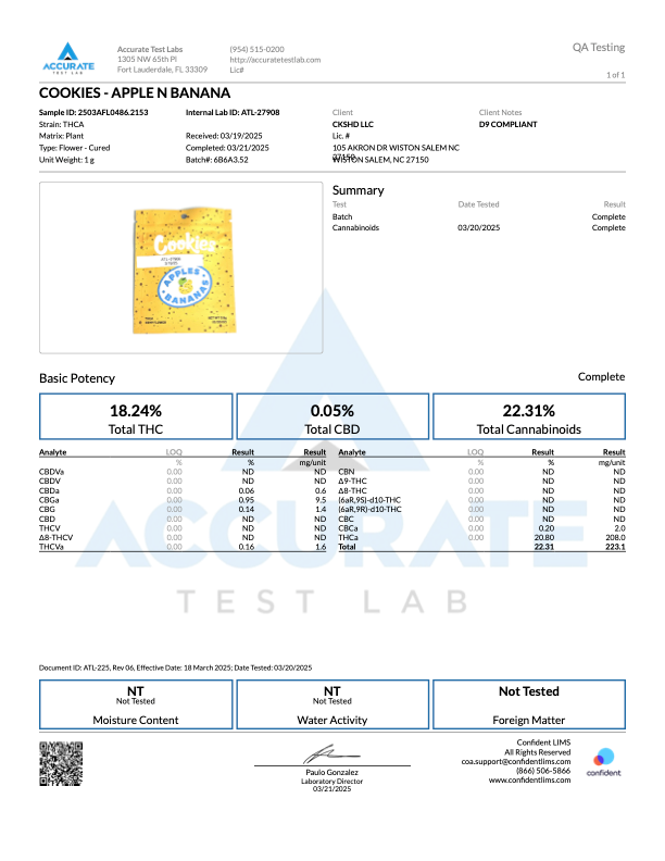 Lab test results for Cookies strain: Apple and Banana showing THC, CBD, and total cannabinoids potency.