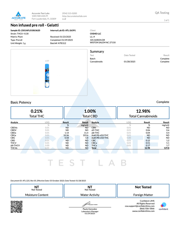 Non-infused pre-roll Gelatti with THCA testing results including potency and cannabinoid analysis.