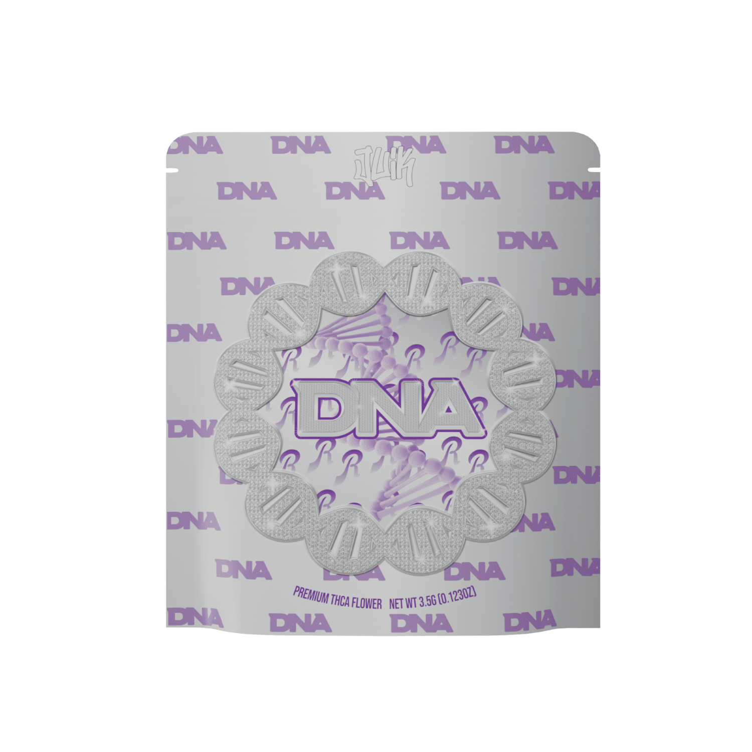 Packaging for DNA premium THCA flower, featuring a vibrant design with DNA motifs.