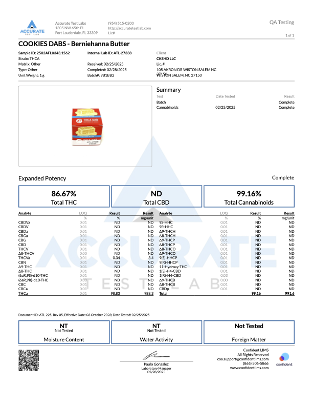 Laboratory test results for Berniehana Butter, showcasing cannabinoid potency and compliance details.