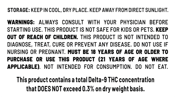 Storage and warning info for cannabis products, including usage guidelines and age restrictions.