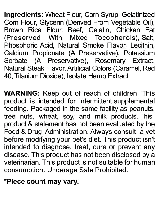 Ingredients and warning label for CBD Mini Bones pet treats, highlighting safety and formulation details.