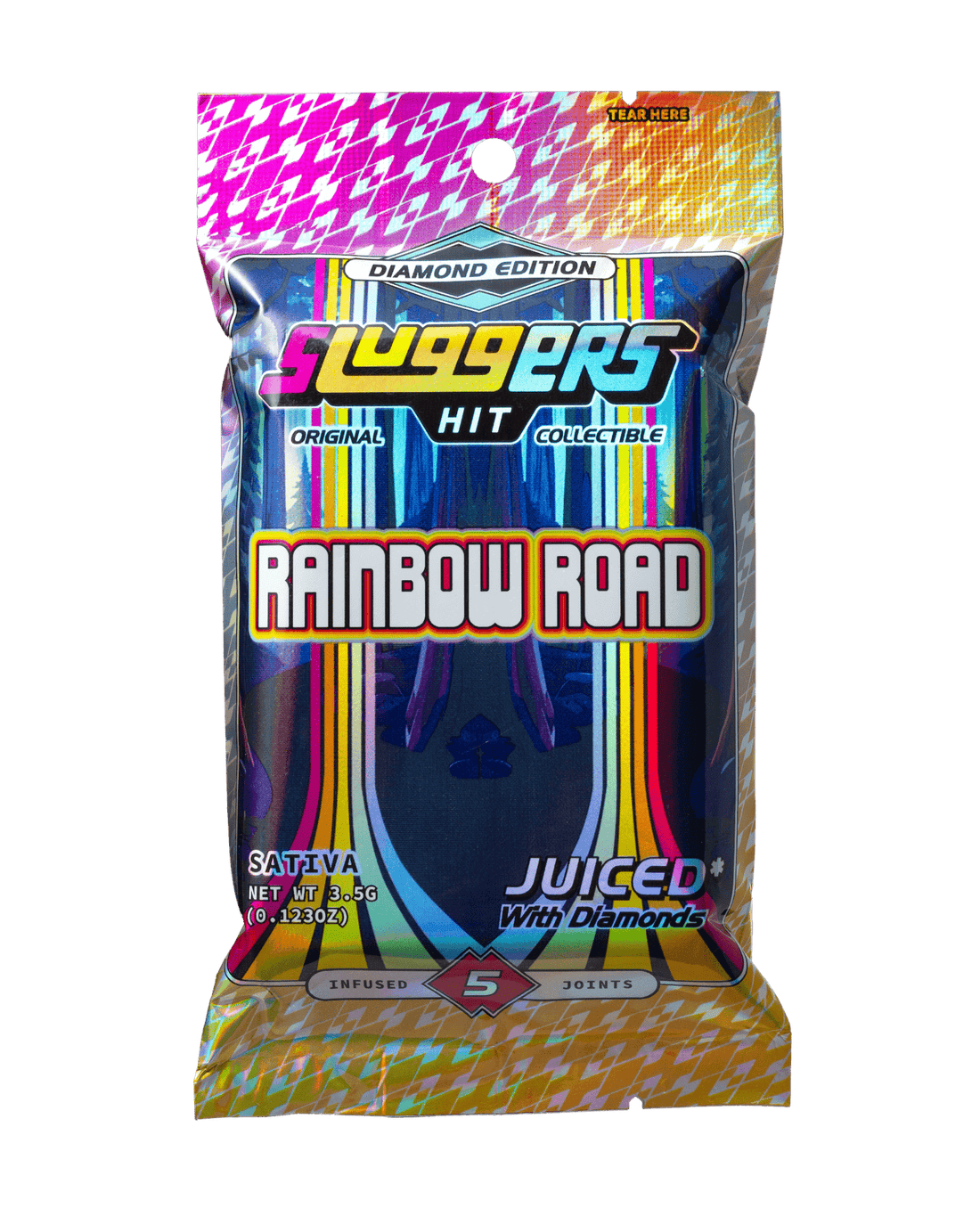 Sluggers Rainbow Road pre-rolls pack, infused with THC-A, featuring a colorful design and premium quality for an enhanced smoking experience.