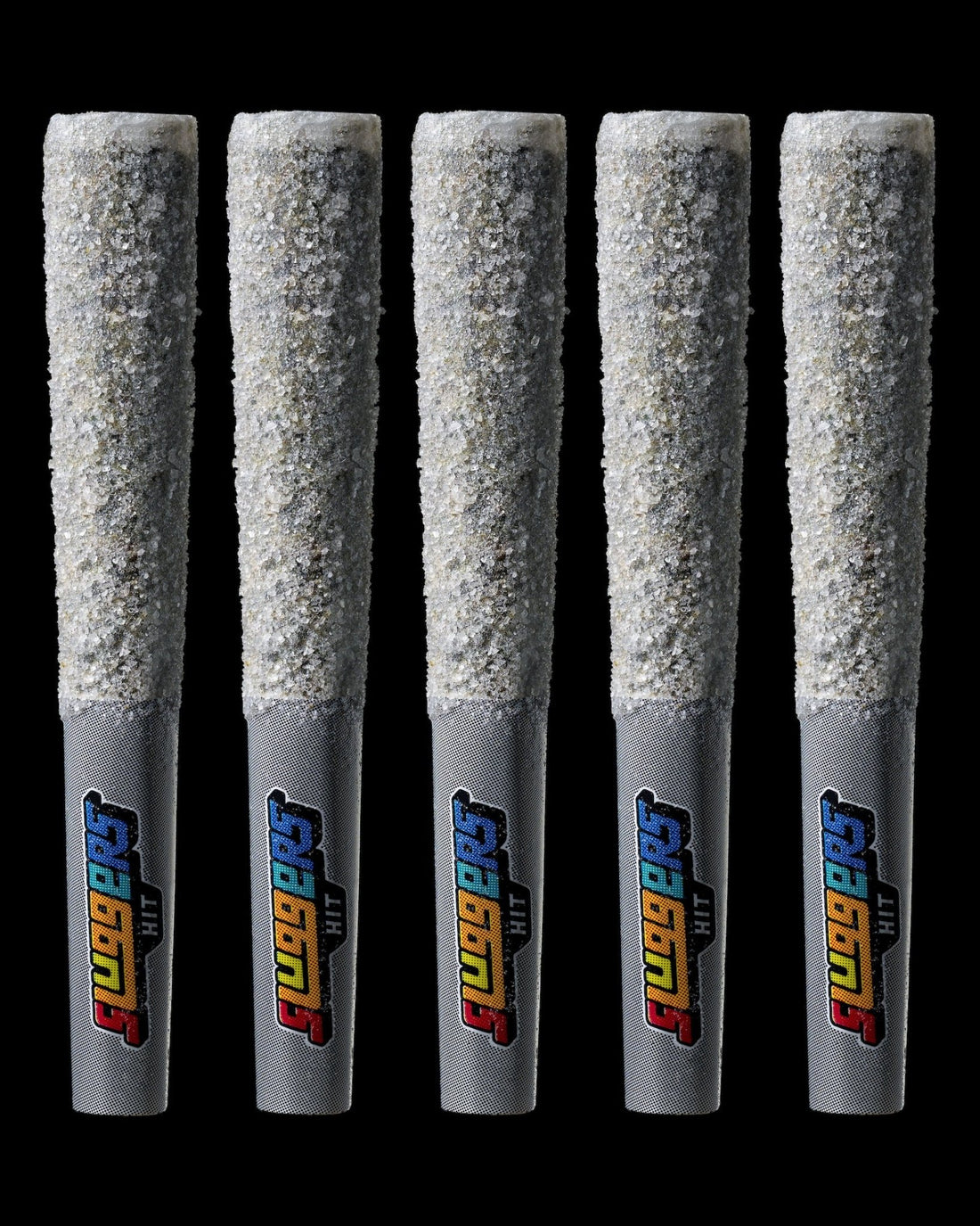 Five Sluggers Hit Juiced THC-A pre rolls rolled in kief, showcasing premium craftsmanship and potent ingredients.