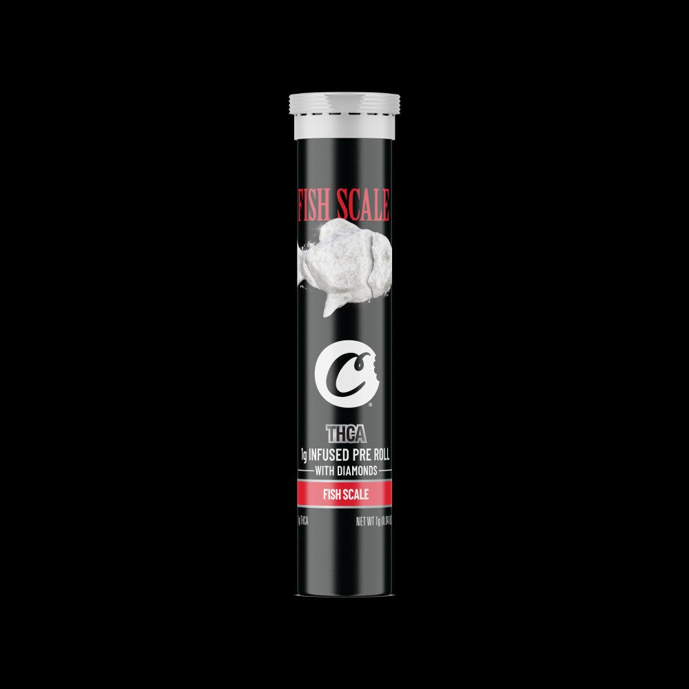 Fish Scale THCA infused pre-roll with diamonds in a sleek black tube, designed for premium cannabis experiences.