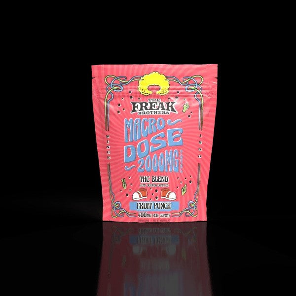 Freak Brothers Macro Dose Fruit Punch 2000mg gummy packaging on a sleek black background.