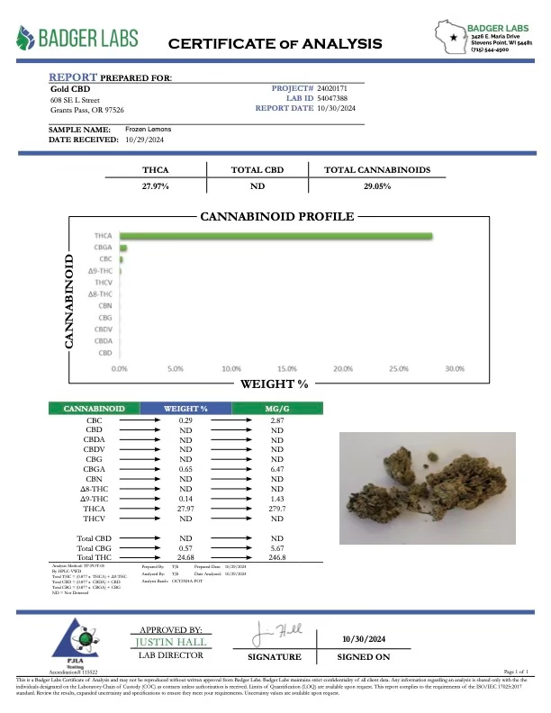 Certificate of analysis for Frozen Lemons cannabis showing THCA of 27.97% and total cannabinoids of 26.89%.