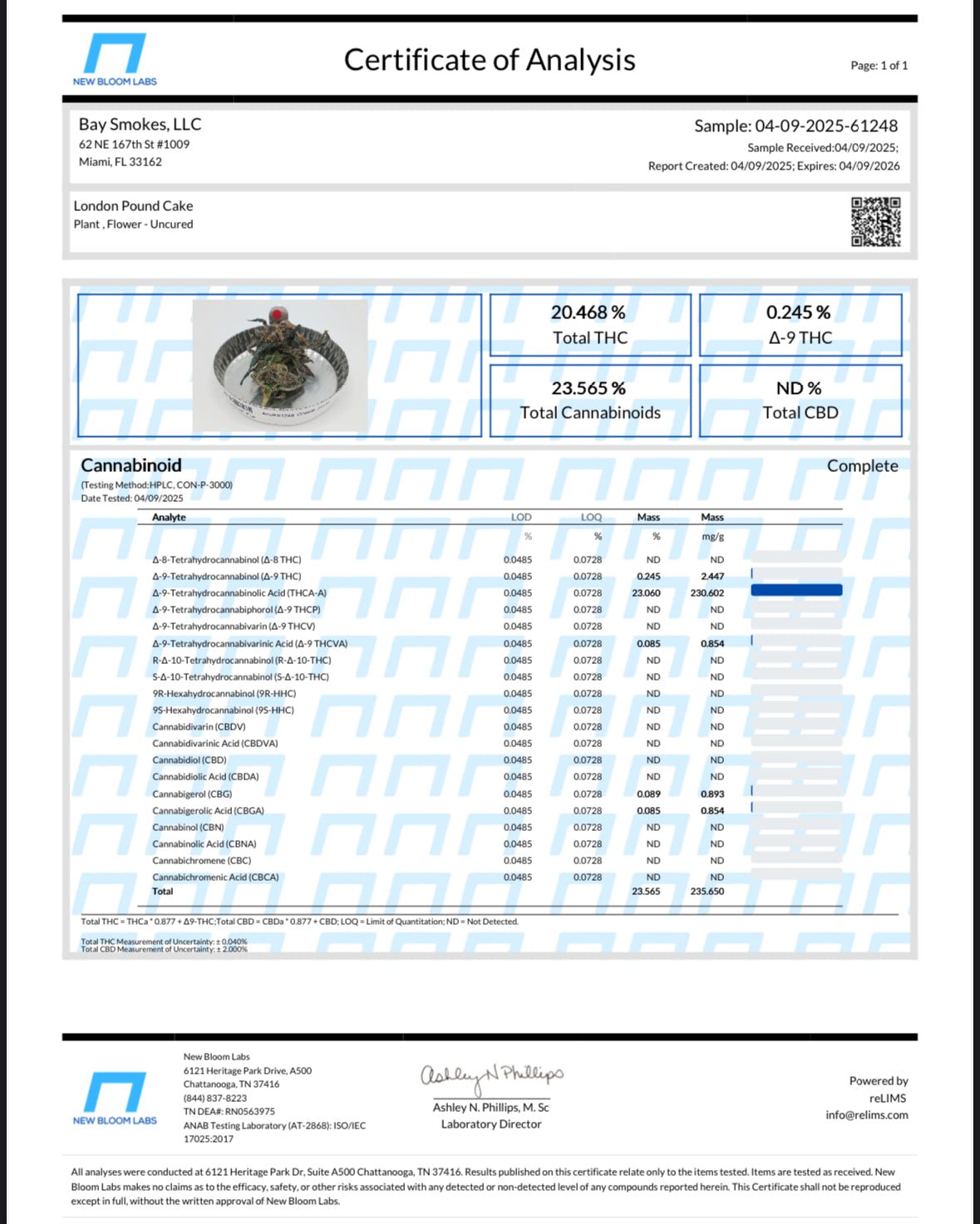Certificate of analysis for London Pound Cake strain, detailing THC and CBD levels, produced by Bay Smokes, LLC.