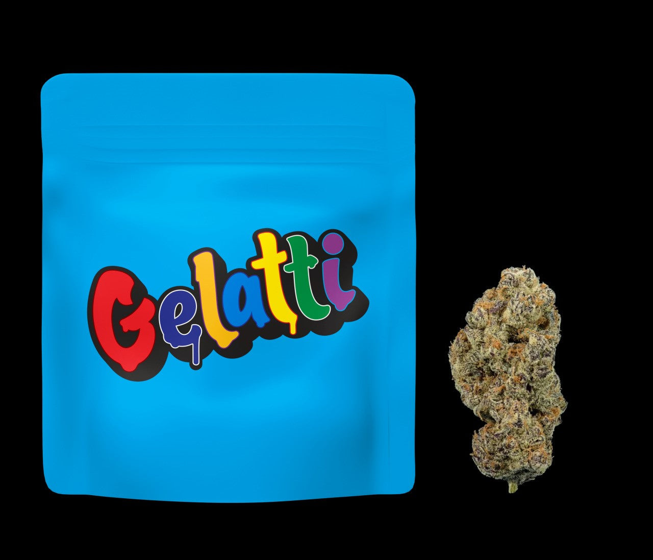 Gelatti THCa Blended Flower packaging with whole bud, showcasing menthol and sweet fruit flavors.