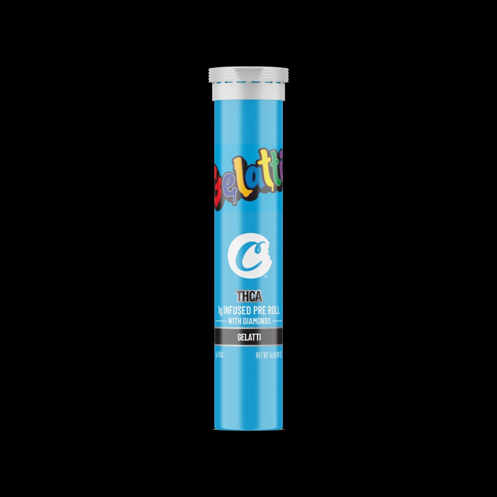 Gelatti THCA-infused pre-roll with diamonds in a blue tube, promoting high-quality cannabis experience.