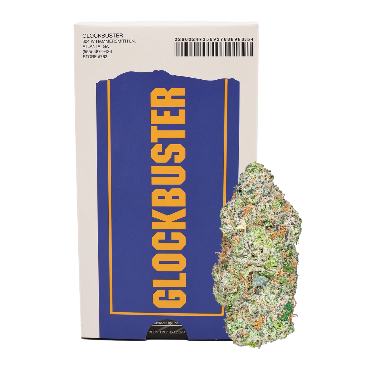 Glockbuster cannabis product with colorful bud next to its branded packaging, showcasing vibrant colors and texture.