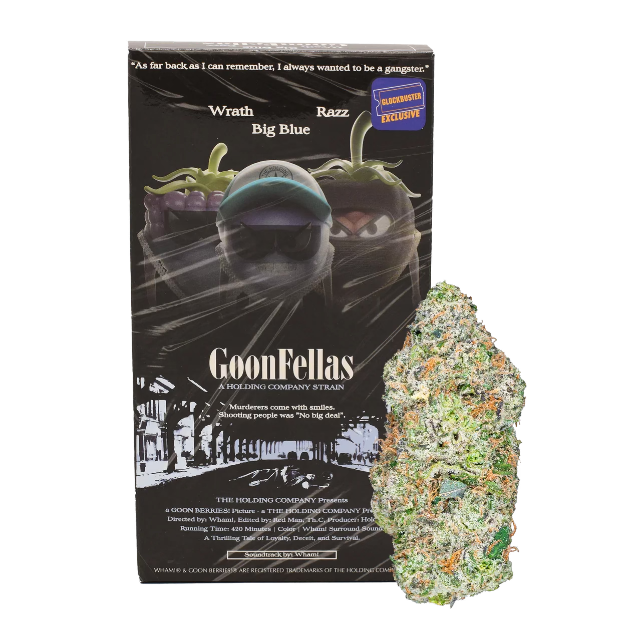 GoonFellas cannabis strain packaging featuring vibrant green buds, Wrath and Razz characters in a playful design.